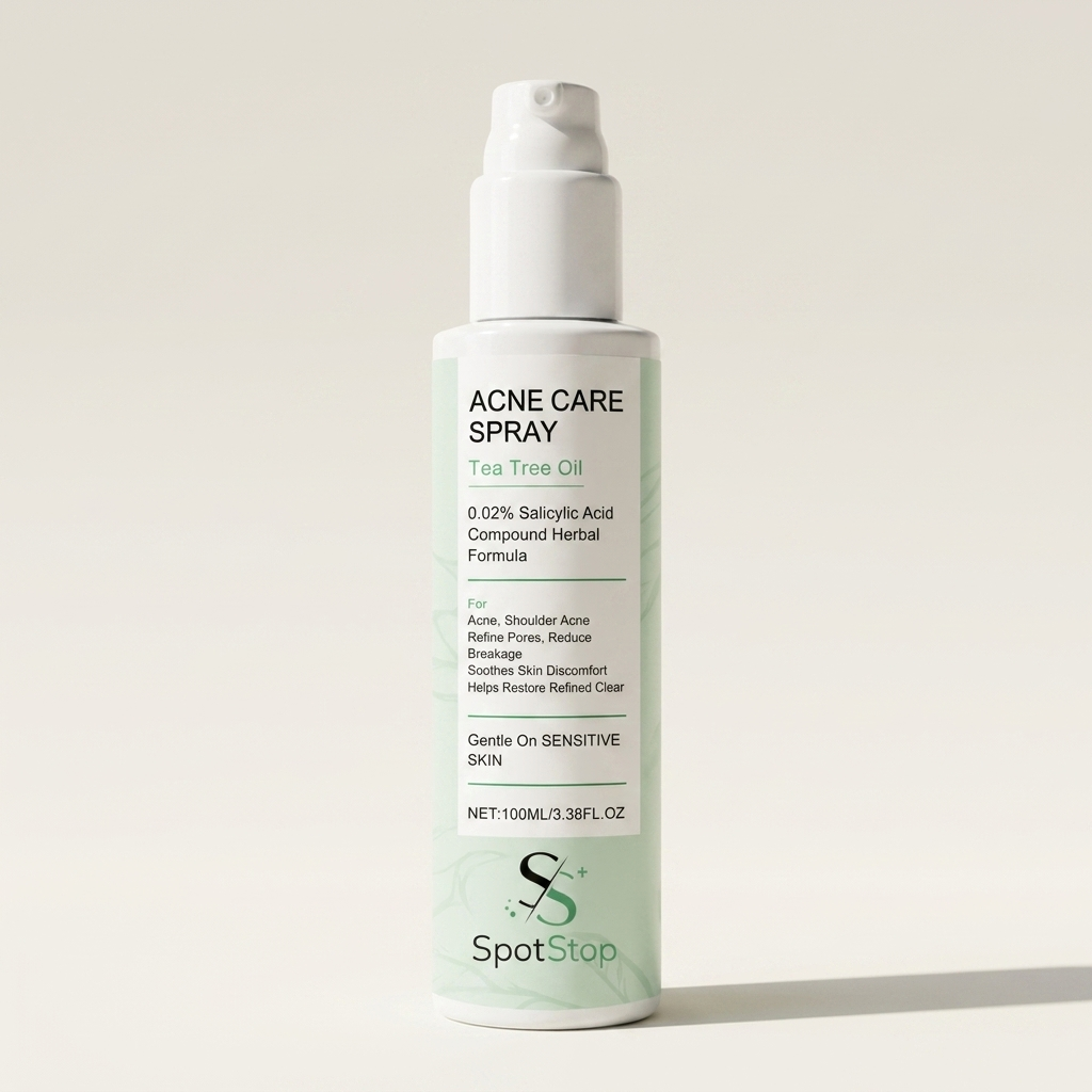 SpotStop Acne Spray bottle - clean cream background