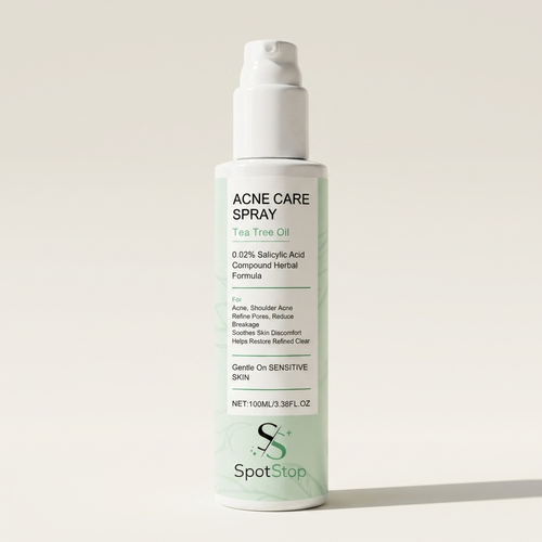 SpotStop Acne Spray bottle - clean cream background