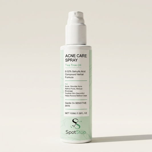 SpotStop Acne Spray bottle - clean cream background