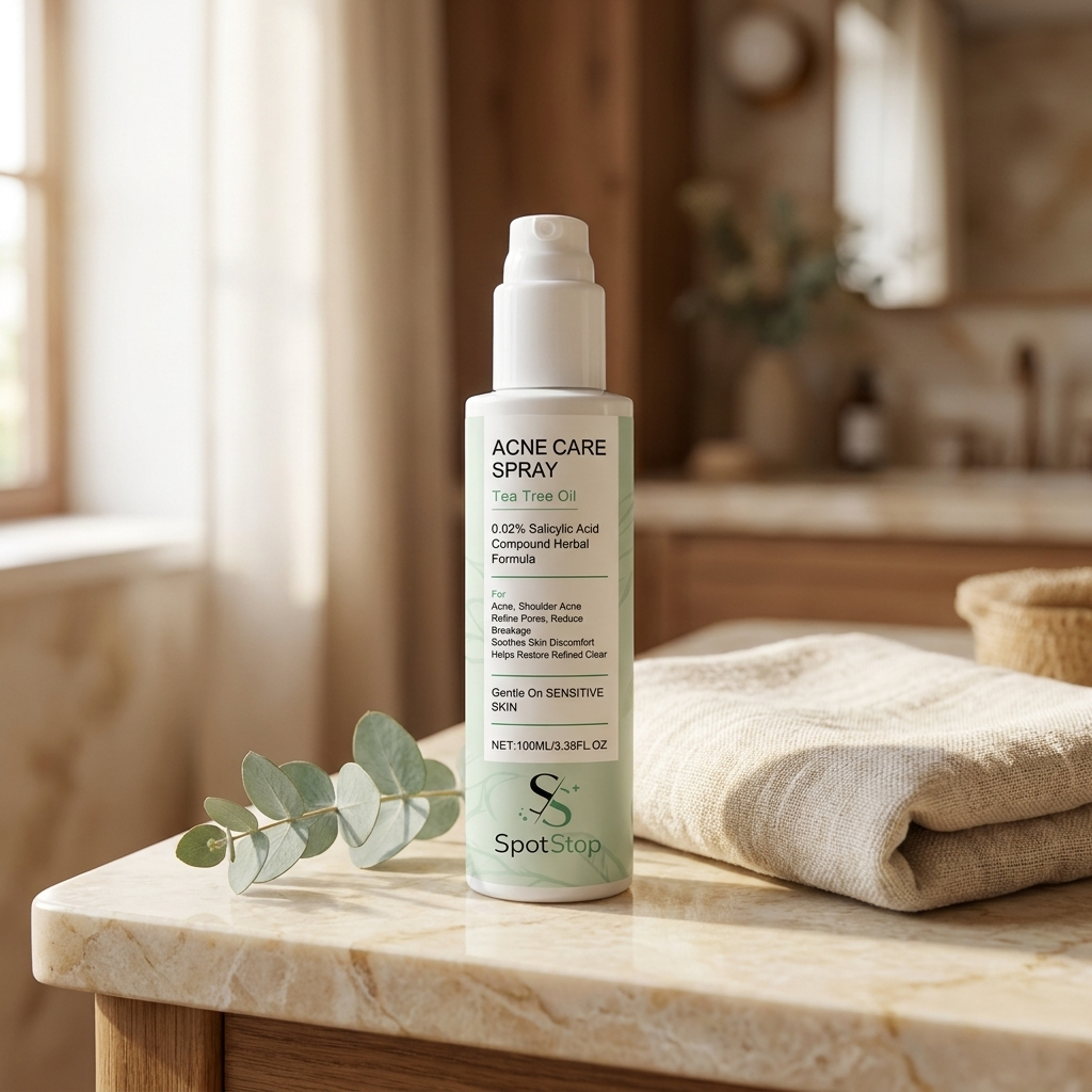 SpotStop bottle on marble counter with eucalyptus