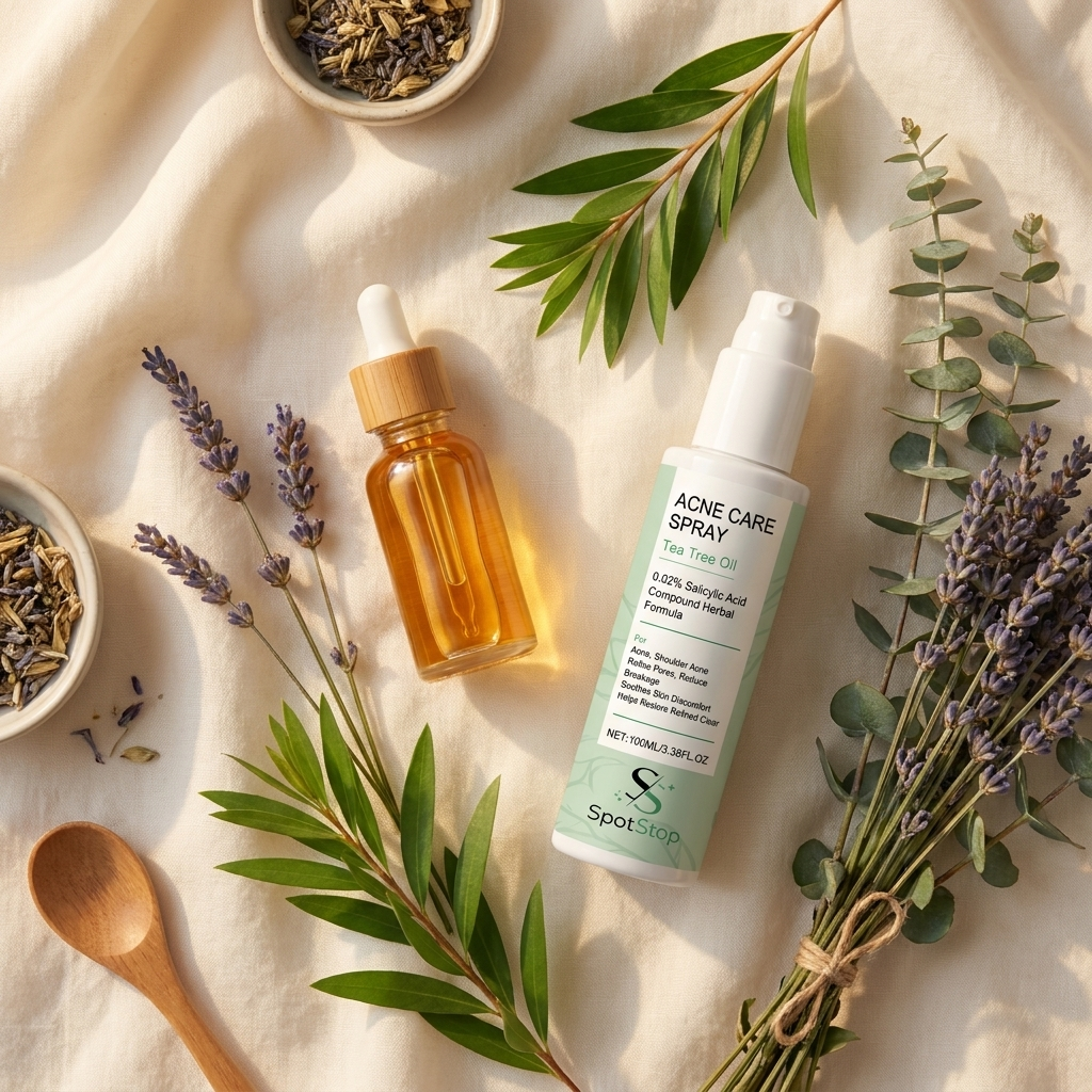 SpotStop ingredients flat-lay with tea tree and lavender